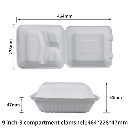 100% Home Compostable 9 inch Clamshell 3 Compartment Disposable Take Out Food Containers to go Containers Heavy-Duty to go Boxes Eco-Friendly Biodegradable Made of Sugarcane Fibers