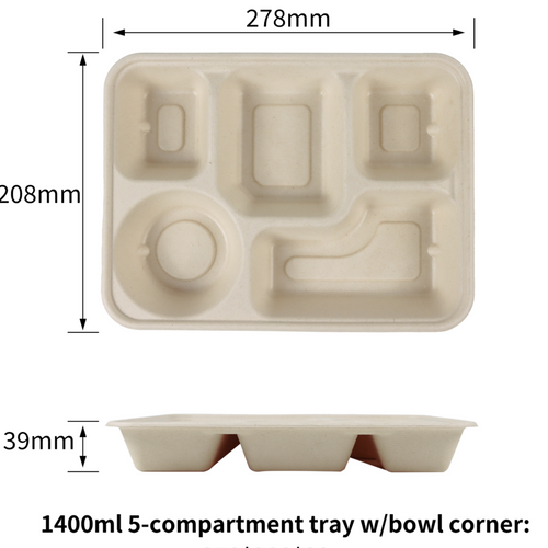 Environmentally friendly compostable sugarcane pulp dinner plate bowl-shaped five-compartment dinner plate