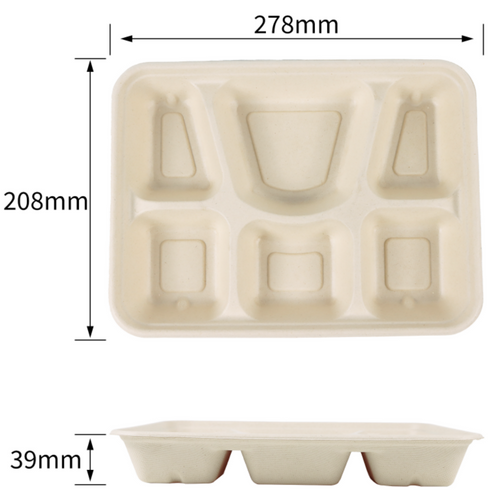100% Compostable 5 Compartment Paper Plates Disposable School Lunch Trays, Eco-Friendly Bagasse Plates for Buffet and Party