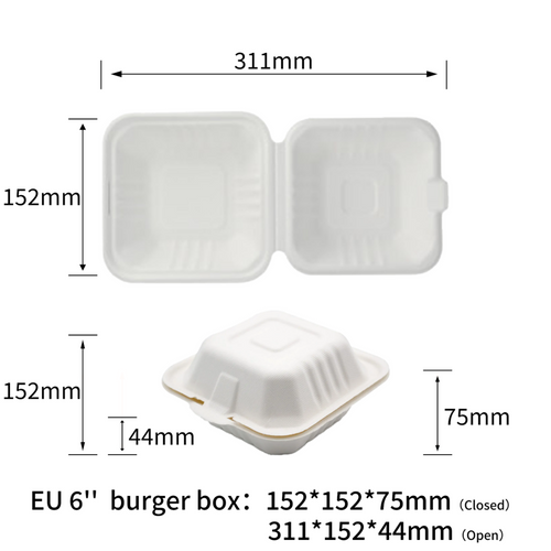 4-inch hamburger box made of sugarcane pulp, environmentally friendly, compostable and biodegradable