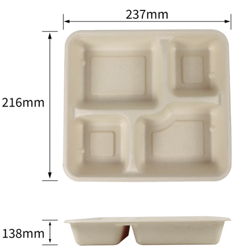 Environmentally friendly compostable sugarcane pulp dinner plate bowl-shaped five-compartment dinner plate