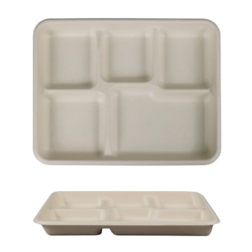 100% Compostable 5 Compartment Paper Plates Disposable School Lunch Trays, Eco-Friendly Bagasse Plates for Buffet and Party