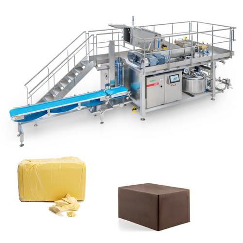 Continuous melting blocks of cocoa mass and chocolate, blocks of fats, anhydrous and hydrated butter in a single plant and in a small space