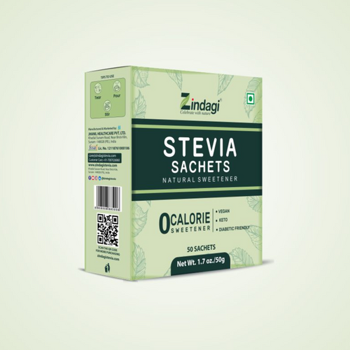 Zindagi Stevia Sachets | Natural Zero Calorie Sweetener | 50 Sachets 1g
