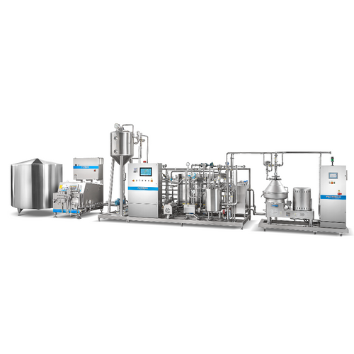 Milk processing line complete with htst pasteurizer, cream separator, deaerator, homogenizer, and thermal holding zone.