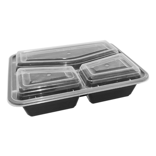 3 Compartment Plastic Container with Lid (Black Base)