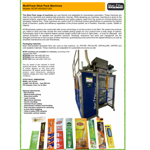 Center Seal Stick pack Multitrack Machine for Powders, Liquid, Paste etc