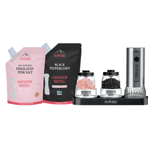 Anthela Himalayan Pink Salt & Black Pepper w Snap-Lock Rechargeable Electric Grinder Set