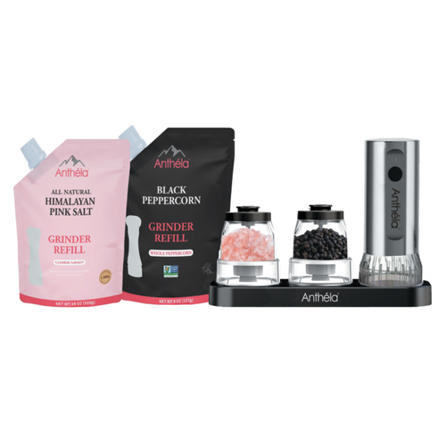 Anthela Himalayan Pink Salt & Black Pepper w Snap-Lock Rechargeable Electric Grinder Set
