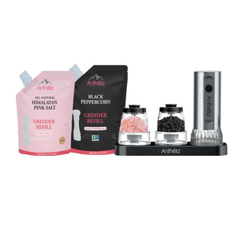 Anthela Himalayan Pink Salt & Black Pepper w Snap-Lock Rechargeable Electric Grinder Set