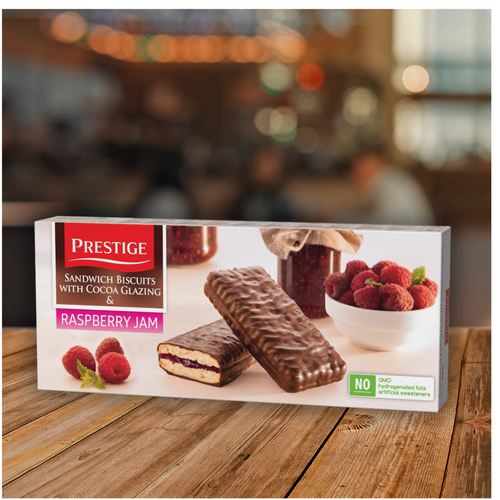 Prestige Sandwich biscuits with cocoa glazing & Real-fruit raspberry jam
