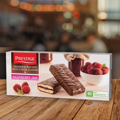 Prestige Sandwich biscuits with cocoa glazing & Real-fruit raspberry jam