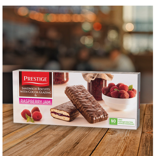 Prestige Sandwich biscuits with cocoa glazing & Real-fruit raspberry jam
