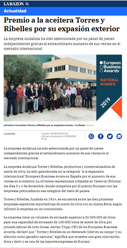 BETIS Olive Oil awarded in the European Business Awards