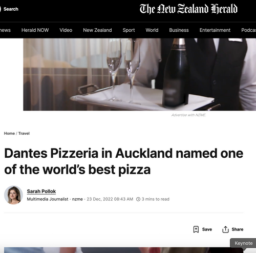 NZ Herald - Dantes Pizzeria in Auckland named one of the world’s best pizza