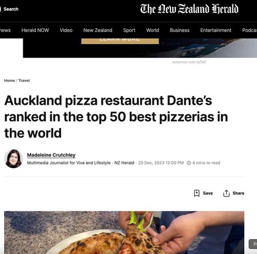 NZ Herald - Auckland pizza restaurant Dante’s ranked in the top 50 best pizzerias in the world