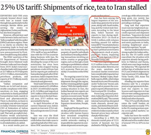 25% US tariff: Shipments of rice, tea to Iran stalled